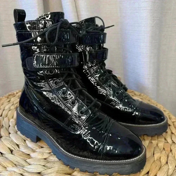 Shellys London Tyra Combat, Moto Boots Patent Leather Black Size 38 - Picture 2 of 10
